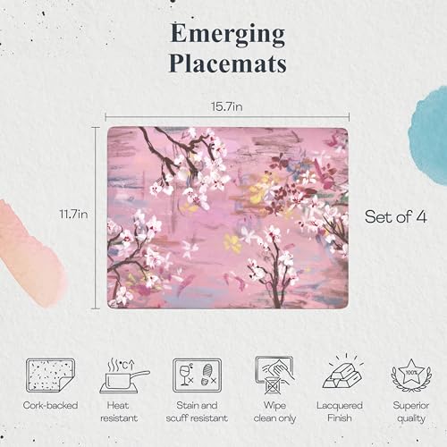 Pimpernel Blooming Dogwood Placemats, Set of 4 (15.7" x 11.7") – Cork-Backed Rectangular Boards with Floral Artwork, Lacquered Surface, Heat & Stain Resistant Decorative Table Mats for Dining - size: 15.7" x 11.7" Rectangular, style: Emerging