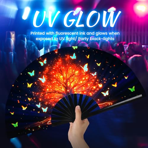 SYNTECSO Folding Hand Fan for Rave, UV Glow Clack Fan - color: Trees of Fire