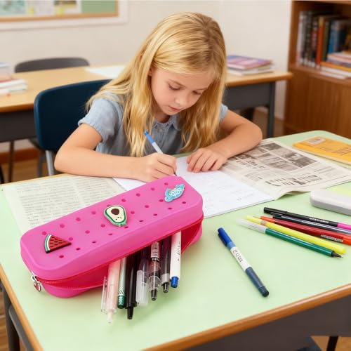 2 Packs Cute Silicone Pen Case Pen Pouch with DIY Holes and 3 Decoratives(Random) Travel Makeup Brush Bag suitable for travel home7.81inch (Hot Pink,2 Packs) - color: Hot Pink,2Packs