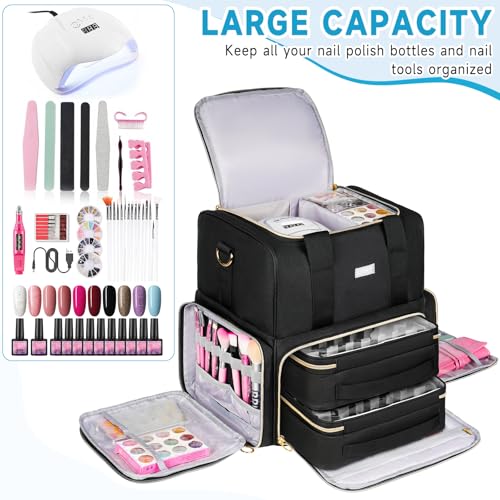 Nail Polish Organizer Holds 80+ Bottles,Nail Polish Carrying Case with 2 Removable Bags,Nail Organizers and Storage for Nail Tech,Portable Nail Supplies Holder,Mother Day Gift for Women Grils,Black - color: Black