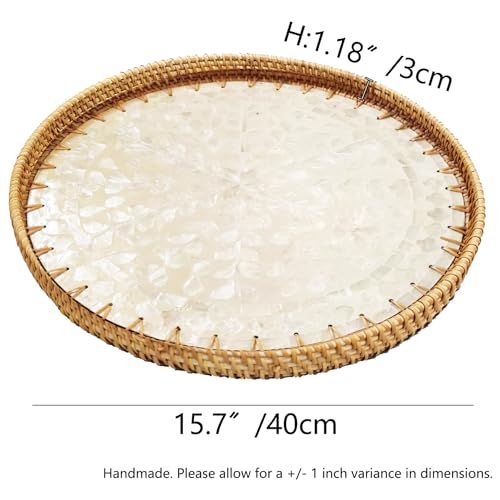 i-lan 16" Rattan & Mother of Pearl Serving Tray with 1.2" Raised Sides - Round Luminous White Shell Platter - Chic Boho Display for Breakfast in Bed, Nurseries & Coastal Interiors - color: White