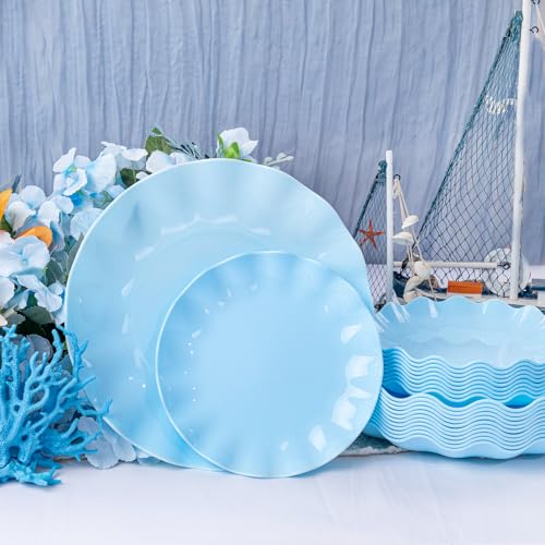 LIYH 24Pcs Light Blue Scalloped Plastic Plates Reusable For Party Events - color: Blue, size: 24(12 Guests)