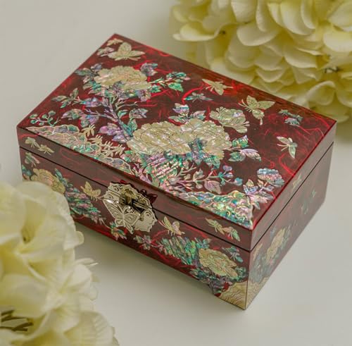 February Mountain Mother of Pearl Jewelry Organizer Box with Ring Tray - Gifts for Women Unique gift for women who have everything - color: Red