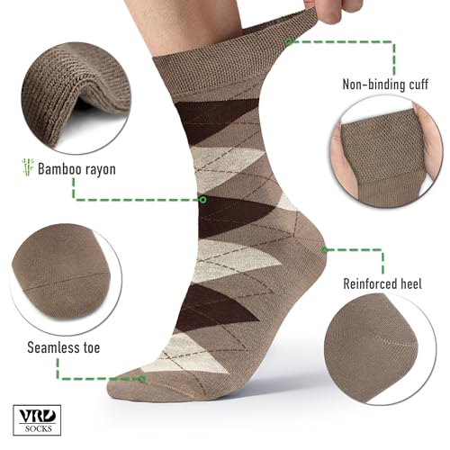 VRD Men's Dress Socks Bamboo Rayon, 5-Pack Crew Socks, Multiple Colors and Designs, Shoe Size 8-13, Gift Box - color: 06: Brown, 5-pack Mix (2 Solid, 1 Striped, 1 Dotted, 1 Argyle)