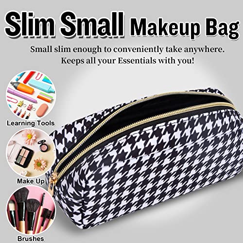 Nylon Slim Makeup Bag, Cute Makeup Brush Case, Preppy Cosmetic Zipper Pouch for Purse, Travel Toiletry Bag Clutch Coin Pouch Make Up Organizer for Women Girls (Black Houndstooth) - color: Black Houndstooth, size: Slim