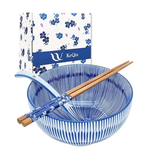 28Oz Ceramic Ramen Noodle Pho Bowl Set with Chopstick&Spoon&Gift box - size: 6in Dense Lined Pattern