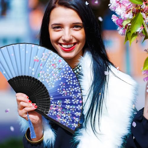 Zonon 4 Pack Handheld Folding Fans Silk Bamboo with Tassel Hollowed,Chic - style: Chic