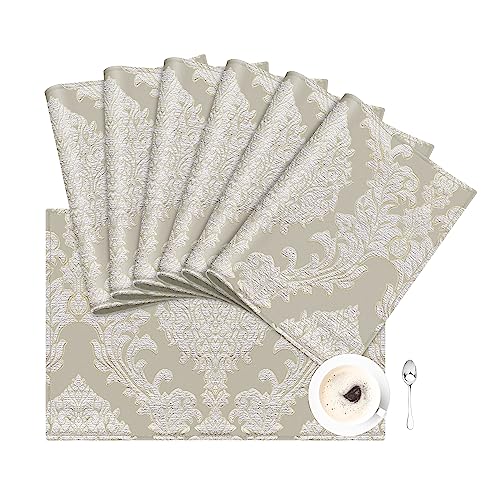 Loom and Mill Luxury Damask Jacquard Placemats Set of 6, Beige, 12x18 in - color: Beige, size: 6 Piece-12x18 inch