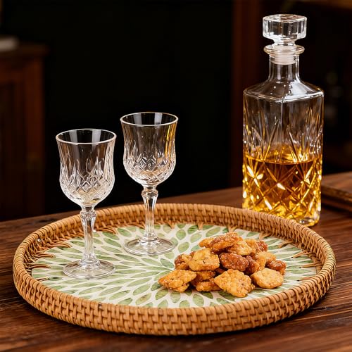Round Rattan Tray with Mother of Pearl Inlay, Boho Style Decor Tray is Suitable for Bread Fruit Coffee, Also Functions as Kitchen Dining Table Home Decor Trays (Green)