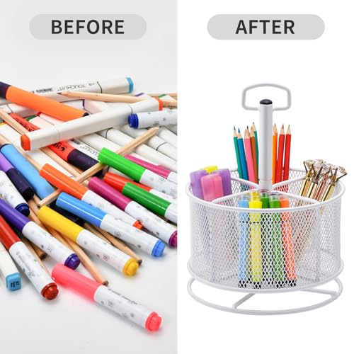Marbrasse Mesh Desk Organizer, 360-Degree Rotating Multi-Functional Pen Holder, 4 Compartments Desktop Stationary Organizer, Home Office Art Supply Storage Box Caddy (White) - color: White