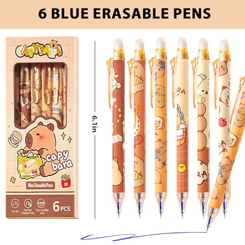 6Pcs Cute Cartoon Capybara Erasable Retractable Pens-Erasable Gel Ink Pens,0.5mm Fine Point Blue Ink,6Pcs 0.5mm Cute Capybara Mechanical Pencils,Lead Refills,Erasers,for Office Supplies Women Men - style: capybara