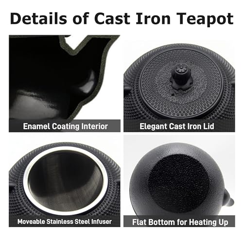 YJX Black Cast Iron Teapot, Tea Kettle for Stove Top, 40.6oz Tea Pot - size: 1200 ml without Cups