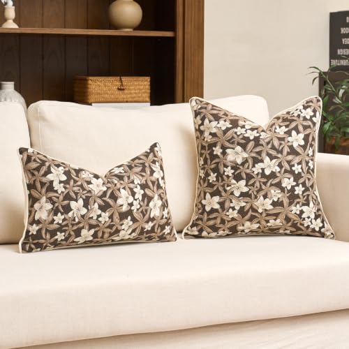 Aeckself Neutral Floral Pillow Cover 20 x 20 Inch, Vintage Chenille Square Throw Pillow Cover Soft Home Decorative Farmhouse Accent Couch Pillow Cover for Living Room Bedroom, Brown - color: Brown, size: 20" x 20" (Pack of 1)