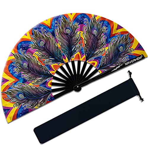 13" Large Rave Fan Bamboo, Folding Clack Hand Fans Foldable for Men Women, Poping Fan for EDM Festival Line Dance Decoration, (Peacock, Large 13") - color: Peacock, size: Large 13"
