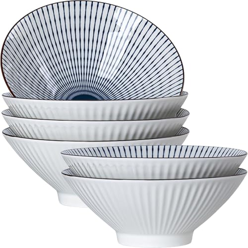 38 oz Japanese Ramen Bowls Set of 6, Large Pho Bowls, 8 Inch Ceramic Blue and White Soup Bowls, Striped Pattern - color: Striped Pattern