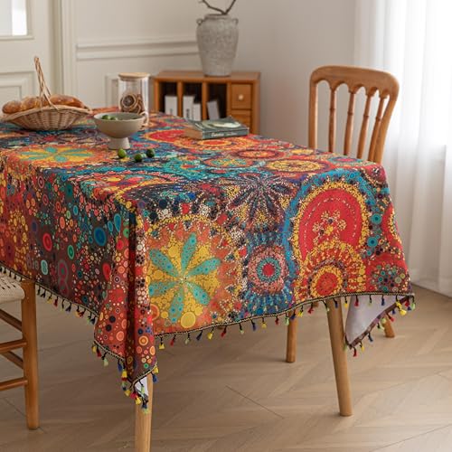Boho Tablecloth for Square Tables,Fringed Edges with Geometric Pattern Tablecloths,Farmhouse Floral Table Cover Cloth Decorative for Kitchen Dining Room,59"x 102" - color: Dot Colorful, size: 102" x 59" (Rectangular)