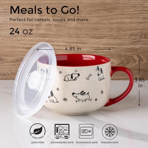 AmorArc 24 Ounces Ceramic Soup Mugs with Lids and Handle, Stoneware Bowls Cup Set of 2 for Soup, Stew, Noodle, Beautiful Mug Bowls With Lovely Dog,Cat Patterns, Microwave&Dishwasher Safe,Red - color: Red, size: 24oz