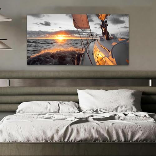 Yxbhhym Large Pictures Living Room Coastal Wall Art Black and White Beach Painting Boat Sunset Wall Art Bedroom Ocean Poster Decor sailboat Canvas Prints Sailing Office Artwork Framed Home Decor - color: AboaS, size: 60"L x 30"W