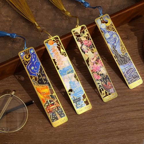 4 Pieces Bookmarks with Tassel, Golden Hollow Metal Bookmark Monet Oil Painting Theme Book Mark for Women Book Lovers Writers Readers Children Teenage Girls, (Starry Sky Style) - style: 4Pcs Starry sky