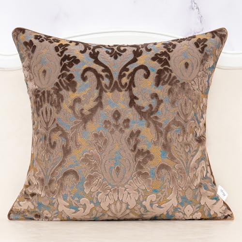Alerfa Boho Brown Floral Throw Pillow Cover 20x20 Inch Cut Velvet Sqaure Luxury Embroidered Decorative Pillow Cover for Couch Living Room Bedroom - color: Brown, size: 20" x 20" (Pack of 1)