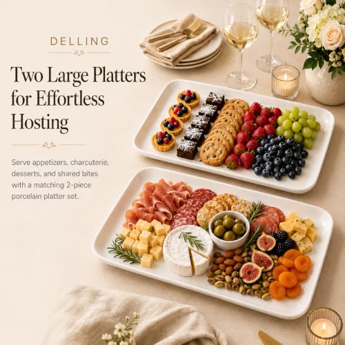 DELLING 18 Inch Large Serving Platter Set of 2, White Porcelain Serving Trays 18" x 12.3", Rectangular Platters for Turkey Fruit Appetizer Party, Oven Microwave Dishwasher Safe, Wedding Entertaining - color: White, size: 18inch