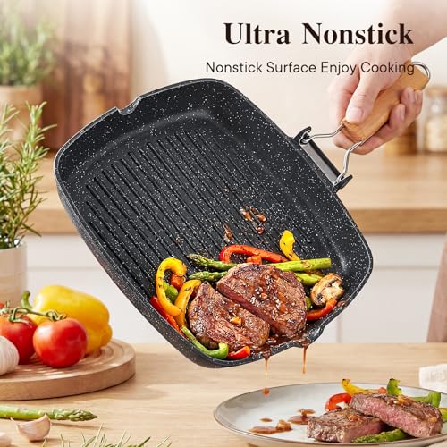 GiPP Nonstick Grill Pan with Folding Handle,Square Grill Skillet, Grilling Pan with Pour Spouts, Versatile Griddle Steak Pan for All Stove,PFOA Free,11 Inch - size: 11"*11"