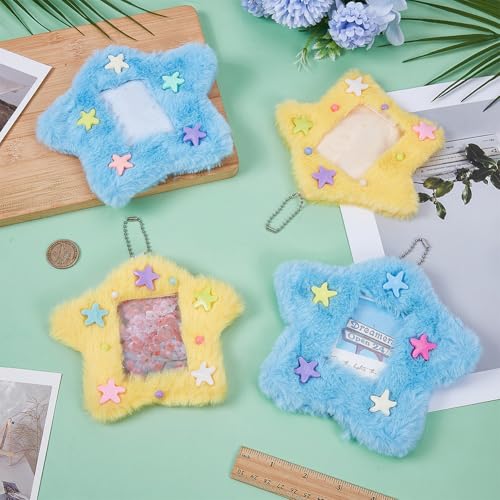 FINGERINSPIRE 4 Pcs Star Photocard Holder with Ball Chain, 2 Size Yellow and Blue Cute Plush Keychain Pendant PhotoCard Holder Protector for ID Card 2.7x1.9inch/2.3x1.7inch Photo Protective Sleeves