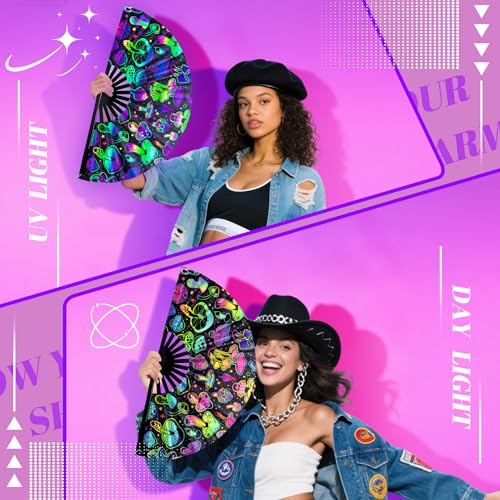 13 Inch Large Rave Fan & Clack Fan for Line Dancing - Folding Hand Fan with UV Glow for Boots on The Ground, Performance, Wedding, Party - Portable Handheld Fan for Women & Men - color: Mushroom*1