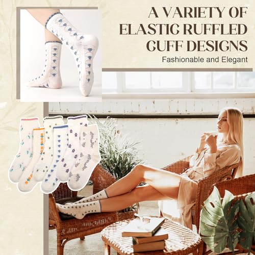 6 Pack Women's Ruffle Socks Cute Frilly Socks Vintage Floral Heart Cherry Pattern Cotton Breathable