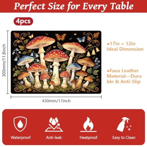 Peacoblue Placemats Set of 4,Faux Leather Mushrooms & Flowers Design - style: Mushrooms with Butterflies and Flowers