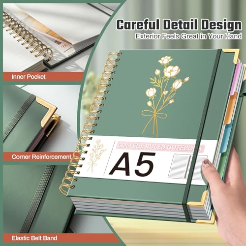 Ovesmusl 5-Subject Hardcover Spiral Notebook, 6.1" x 8.4", College Ruled - color: Green, size: 8.4"x6.1"