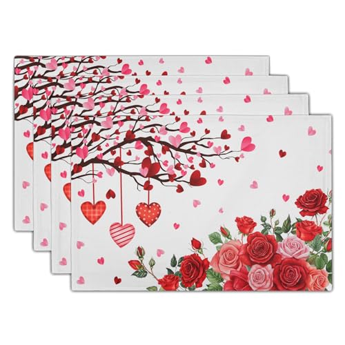 Giwawa Valentine's Day Placemats, Romantic Love Hearts Tree Branches Rose Floral Table Mat, Heat Stain Resistant Linen Place Mats for Kitchen Dining Wedding Anniversary Decor, 12"x18", Set of 4 - color: Heart Flower
