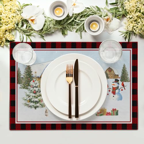 Giwawa Christmas Truck Placemats Set of 4 Winter Snowman Xmas Trees Place Mat with Black Red Buffalo Plaids 12"x18" Snow Farm Scene Non Slip Table Mats for Kitchen Dining Holiday Party Decor - color: Christmas Truck
