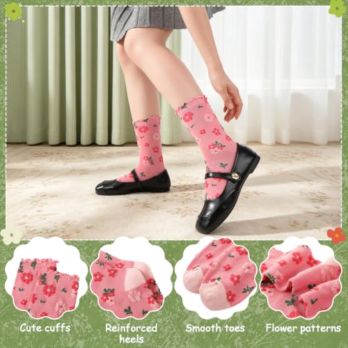 5/6 Pair Crew Socks for Women Floral Socks - color: Black, Blue, Light Red, Gray, Green