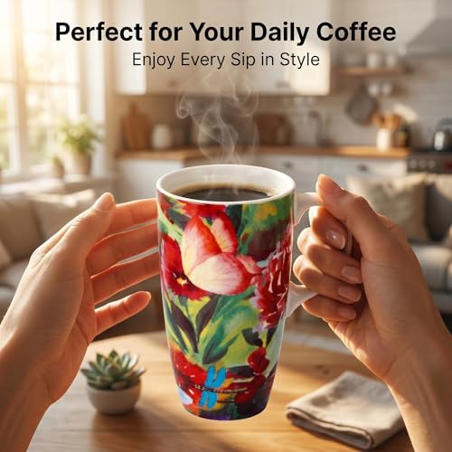 Topadorn 17oz Ceramic Travel Mug with Lid, Botanical Floral Coffee Mug - color: Butterfly and Butterfly