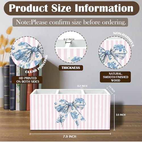Chinoiserie Blue Bow Pen Holder for Desk, Preppy Pink Striped Pencil Organizer, Girly Bow Aesthetic Wooden Box Sign Desk Decor for Girls Bedroom Dorm Home Office Decoration - color: Blue Bow