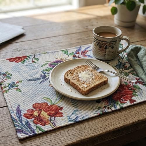 DaDa Bedding Tropical Paradise Floral Blue Roses Placemats - Set of 4 Tapestry Nature Birds Exotic Flowers Botanical Garden Berries - Decorative Linen Woven Kitchen Dining Table Mats - 13” x 19” - color: Tropical Paradise