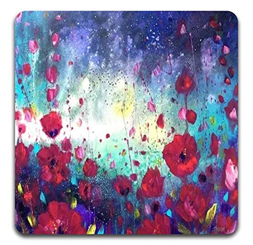 Watercolor Red Flowers Square Coaster Set-Made of Recycled Rubber-Set of 4 - color: Watercolor Red Flowers