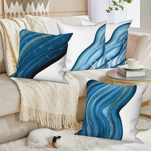 Abstract Fluid Throw Pillow Cover Blue Ocean Art Natural Luxury Gold Sequins Halo Modern Aesthetic Linen Square Cushion Covers for Outdoor Couch Sofa Bedroom Home Car 18x18 Inch Set of 4 - color: Blue, size: 18" x 18" (Pack of 4)