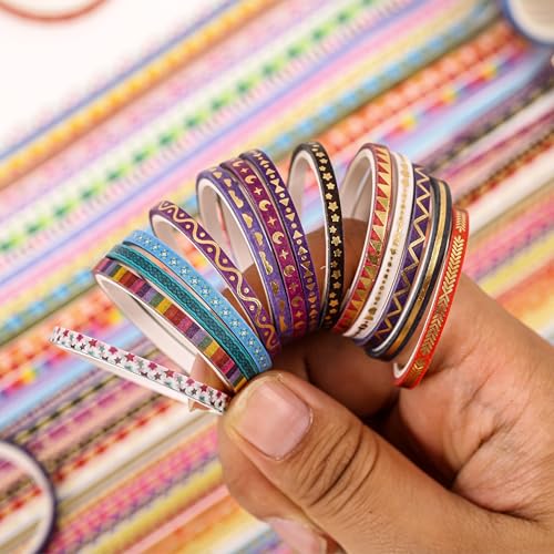 emmoolife 50 Rolls Skinny Washi Tape Set 3mm Wide, Gold Foil Print Masking Thin Basic Patterns Decorative Tapes for Scrapbooking, Junk Journal Supplies, Bullet Journaling, Craft Tape for Women Girl - style: Colorful Skinny