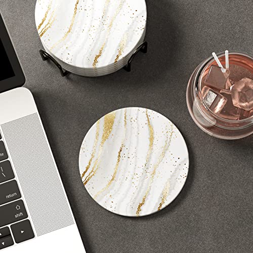 Coasters for Drinks, Set of 6 Cute Absorbent Ceramic Drink Coasters - color: Luxury White Gold Marble 03