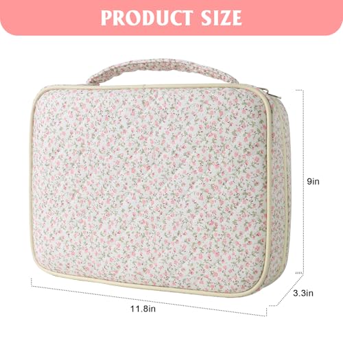 Large Bible Cover Case for Women, Large Floral Quilted Cotton Bible Carrying Cases Protective Bag with Handle and Zippered Pocket for Christian, Bible Study Supplies Christian Gifts (Pink Floral)