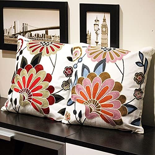 Embroidered Red and Pink Throw Pillow Covers,18x18 Floral Farmhouse Decor Pillows, Set of 2 Cozy Boho Accent Cushion Case for Couch & Sofa, Home Decorative Pillow Cases for Bed Room - color: Flower Red and Pink
