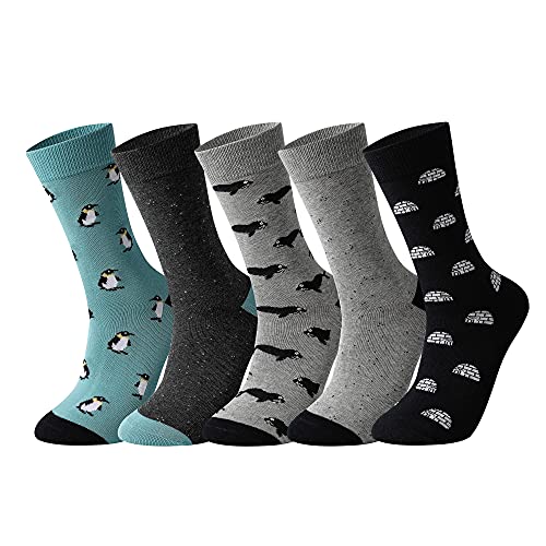 Mens Dress Socks, 5 Pair Combed Cotton Colorful Patterned Funny Crew Socks for Men Comfort - color: Sky Blue