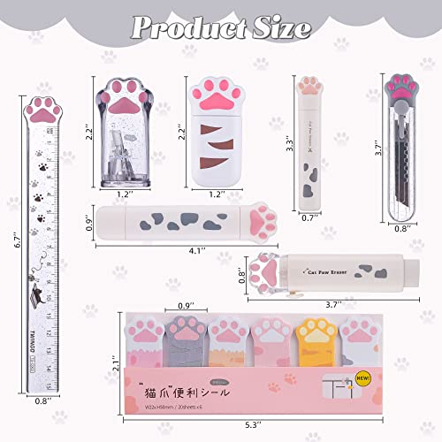 8 Pcs Cute Cat Paw Stationery Set Kawaii School Supplies Including Pencil Sharpener Retractable Eraser Correction Tape Sticky Notes Ruler Mini Scissors Utility Knife for Cat Lovers Students (White) - style: Style A (White)