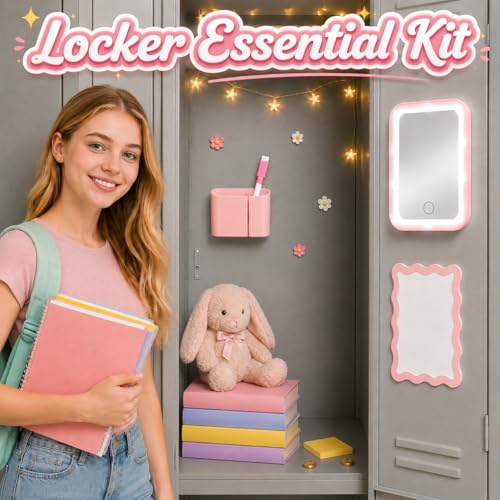 Pink Locker Accessories Kit Back to School Essentials Includes Locker Light up Mirror Magnetic Whiteboard Pen Holder Magnetic Flower Decoration and Organizing Supplies Backing for Girls