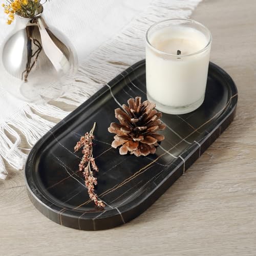 Koville Black Marble Vanity Tray for Bathroom Countertop, 10"x5" Natural Marble Catchall Tray Perfume Trays for Dresser, Stone Jewelry Dish Candle Holder for Home Decor, Stone Oval Trays - color: Noiraziza Black