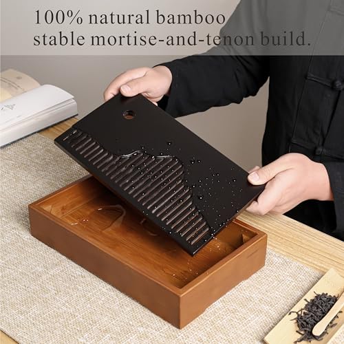 Bamboo Tea Tray & Table Set - Chinese Gongfu Tea Serving Tray with Tea Brush, Compact & Portable (11.8 Inch) - color: Black Brown