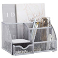 Annova Mesh Desk Organizer Office with 7 Compartments + Drawer/Desk Tidy Candy/Pen Holder/Multifunctional Organizer (Silver) - color: Silver