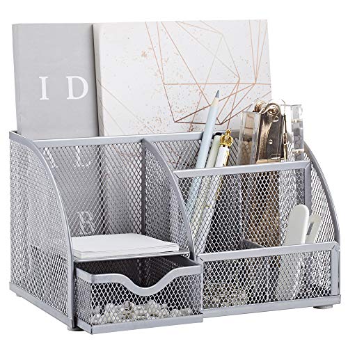 Annova Mesh Desk Organizer Office with 7 Compartments + Drawer/Desk Tidy Candy/Pen Holder/Multifunctional Organizer (Silver) - color: Silver
